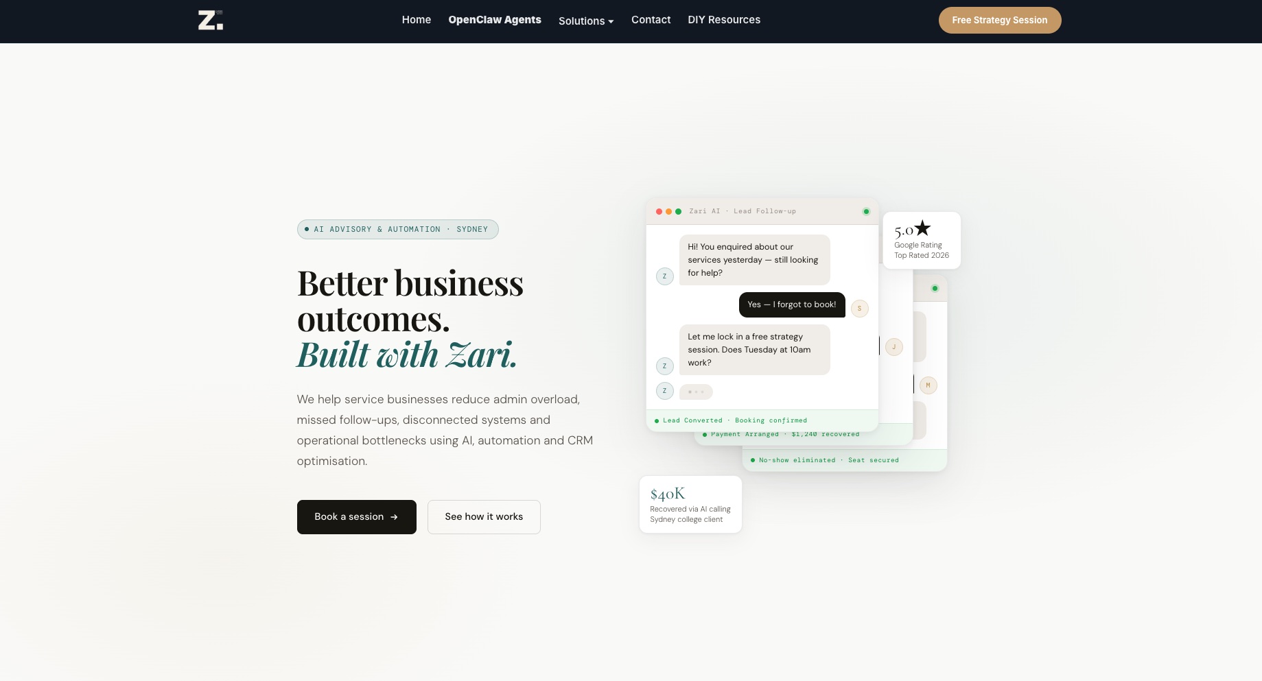 Zari AI website, built by Dream Websites